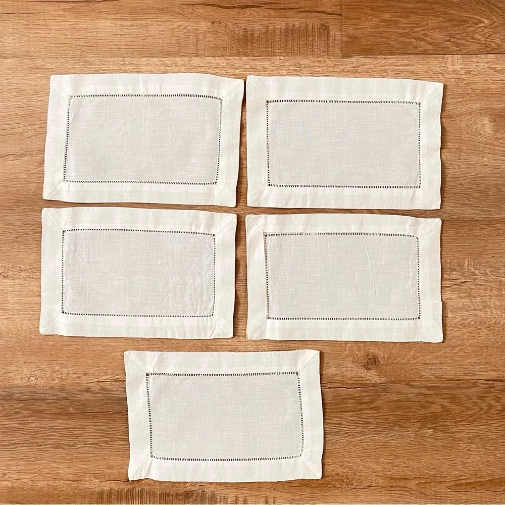 5 PCs Vintage Rectangle Gold Shimmer-Border‎ Linen Dresser Scarf Doilies 9”x6”